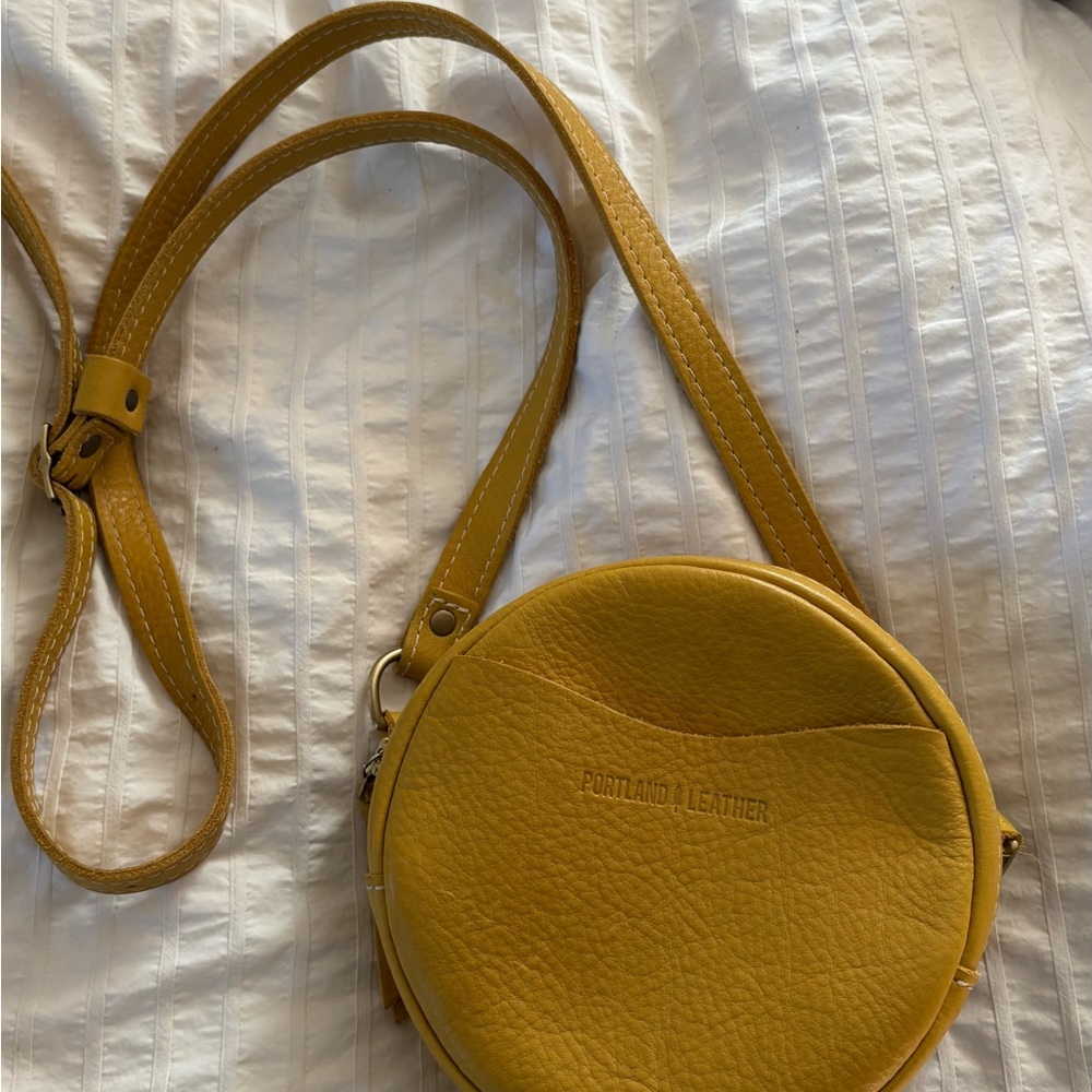 Portland Leather Mustard Round Crossbody Purse, rare unicorn  color